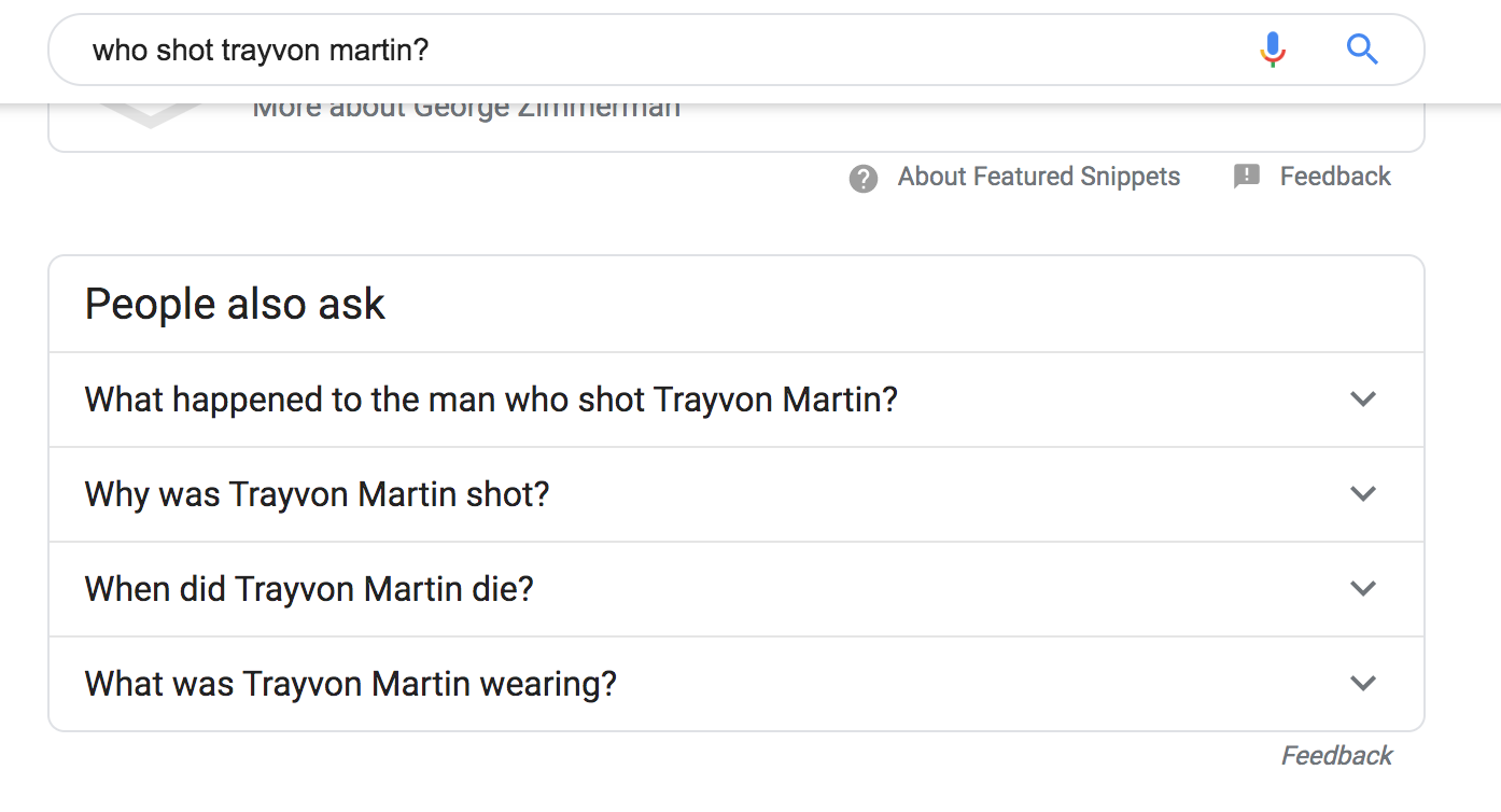 screenshot of search results including "people also search for: what was Trayvon Martin wearing?"